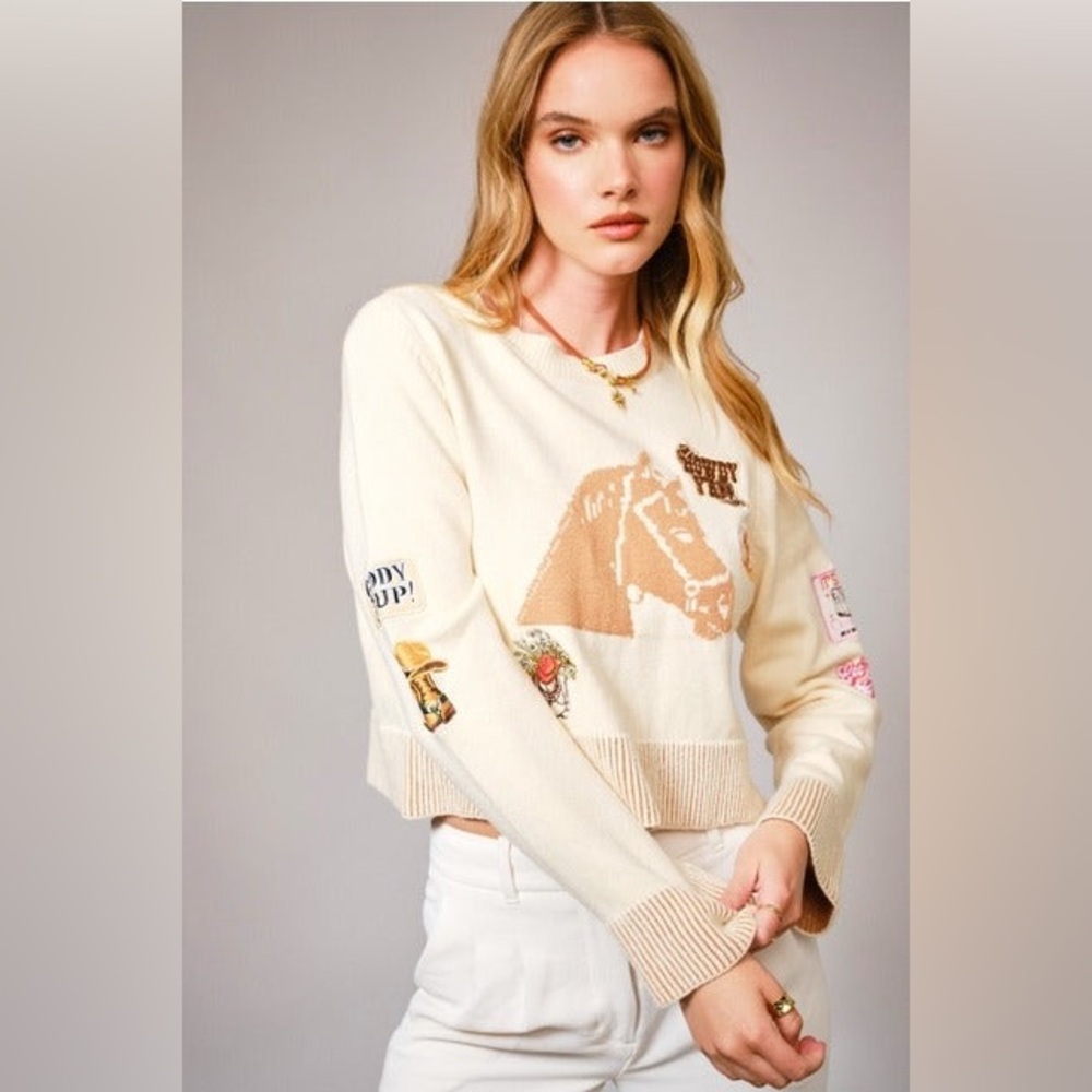 Embroidered Patch Horse Graphic Cropped Sweater - Blue B